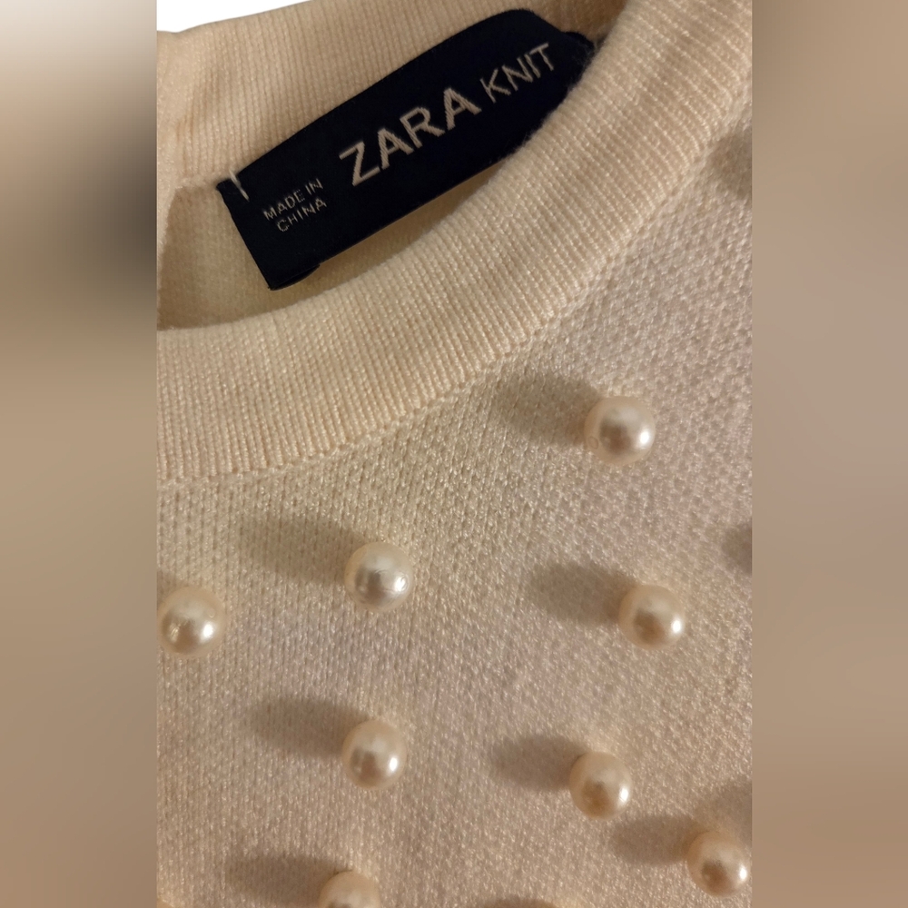 Zara Ivory Cream White Short Cap Sleeve Pearl Shift Knit Dress RARE (Sz S) - Picture 4 of 7